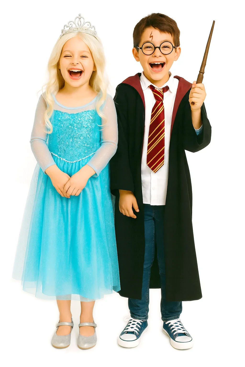 Zwei Kinder verkleidet, eines als Prinzessin im blauen Kleid, das andere als Zauberer mit Brille, Umhang und Zauberstab.