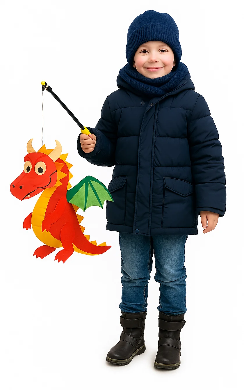 Kind in Winterkleidung hält eine rote Drachenlaterne mit grünen Flügeln.