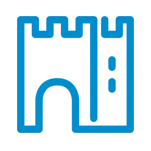 Blaues Symbol einer stilisierten Burg mit Turm und Torbogen