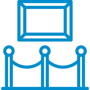 Piktogramm eines Museums mit Ausstellungsrahmen und Absperrseilen in blauer Farbe