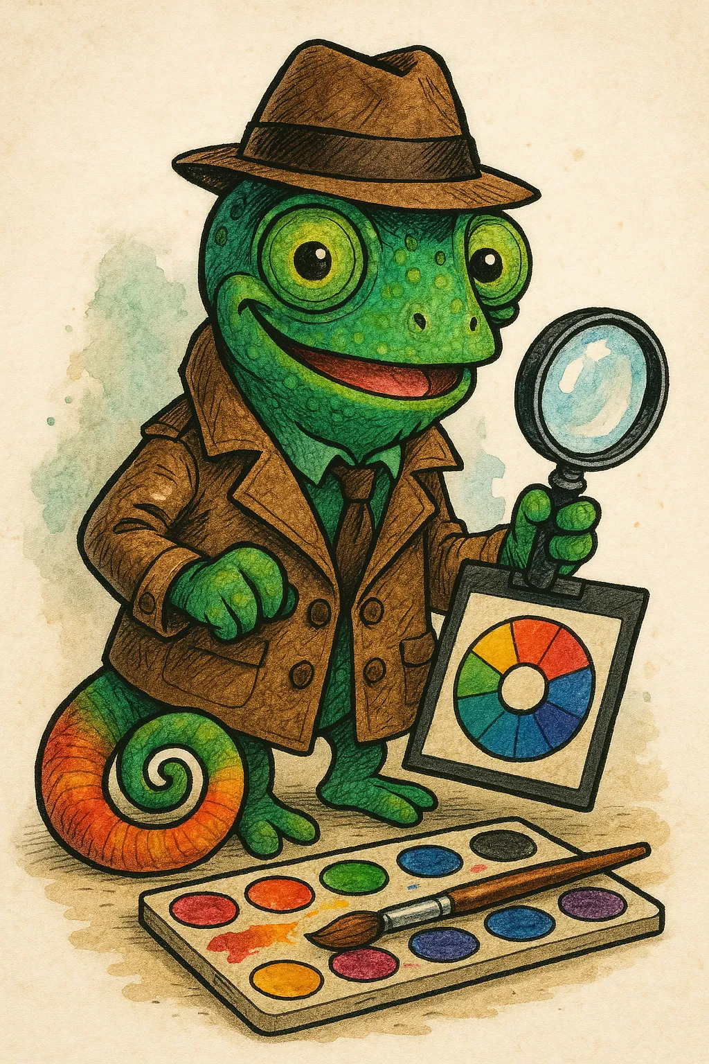 Ein bunt gezeichnetes Chamäleon mit braunem Trenchcoat und Hut steht lächelnd vor einer Farbpalette. Es hält eine Lupe und eine Farbkreis-Tafel in den Händen Ein bunt gezeichnetes Chamäleon mit braunem Trenchcoat und Hut steht lächelnd vor einer Farbpalette. Es hält eine Lupe und eine Farbkreis-Tafel in den Händen